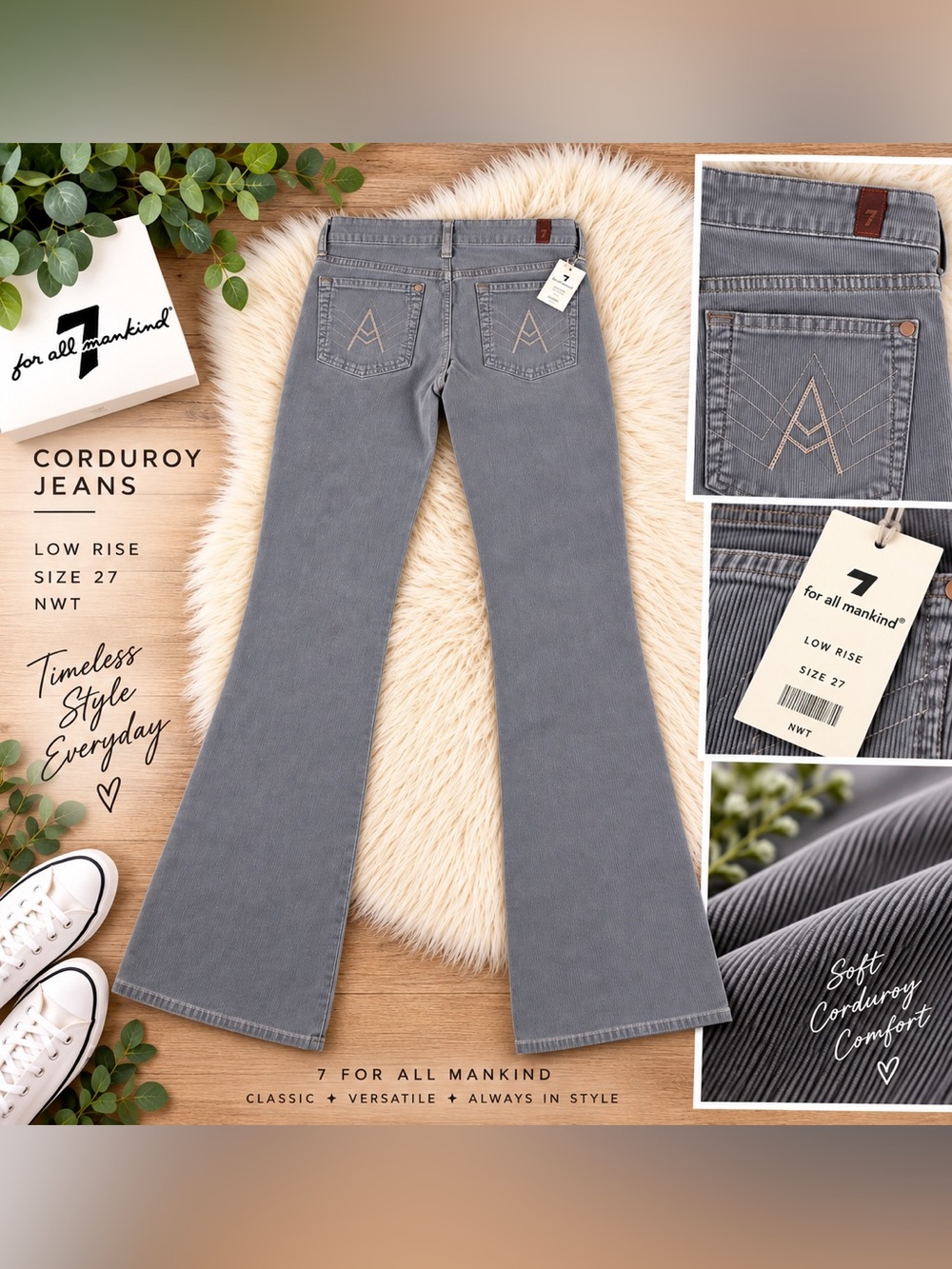 NWT Vintage 7 For All Mankind Grey Corduroy Low Rise Flare Jeans Size 27